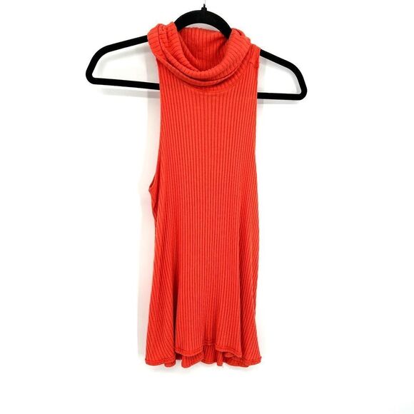 FREE PEOPLE We The Free Burnt Orange Ribbed Mock Turtleneck Tank Top Size Small - Picture 1 of 5